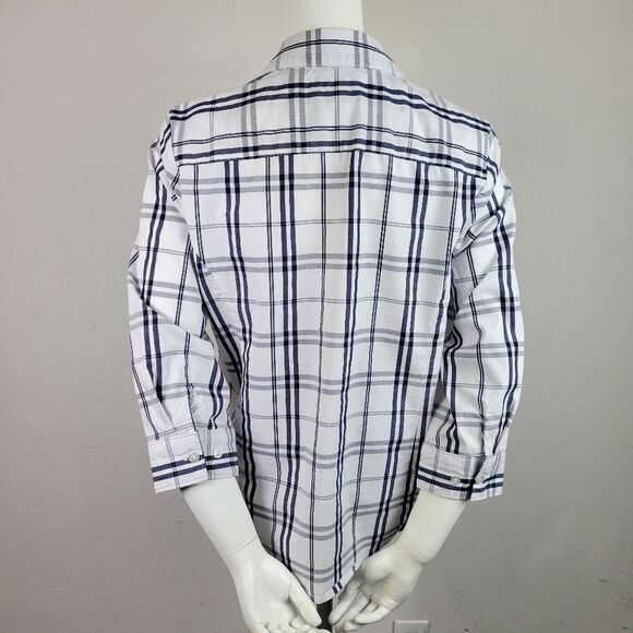 Basic Editions White Plaid Hidden Button Panel Collared Blouse Size M - Picture 5 of 10